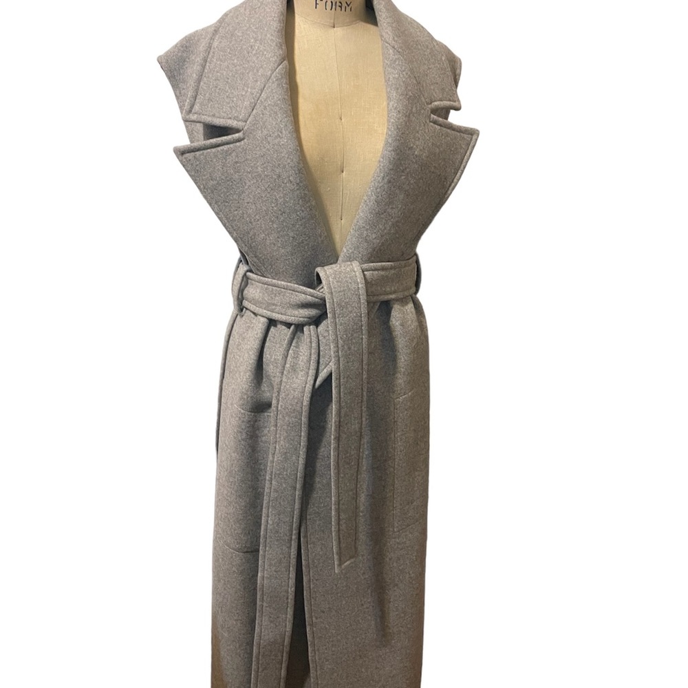 Celine grey long wool belted coat with leather trim sleeveless , size 38